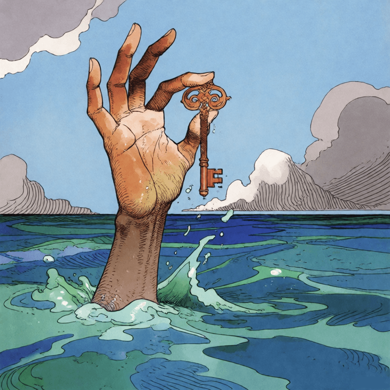 A hand rising from the sea holding a key